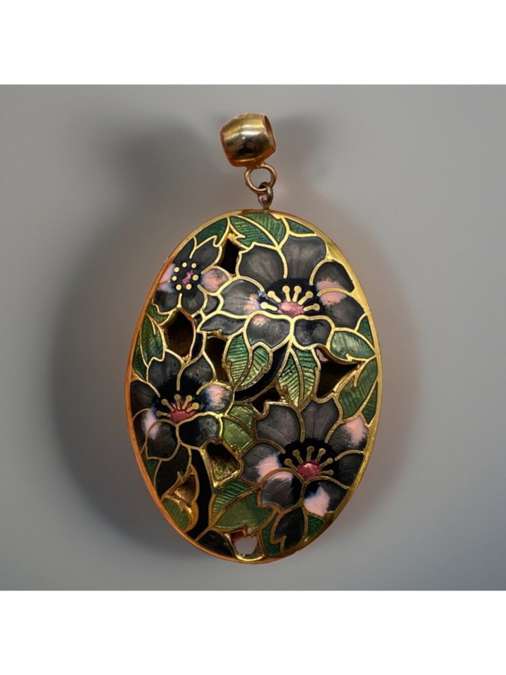 Vintage Enamel Cloisonne Pendant Puffy Hollow Floral Purple Flower Open Work